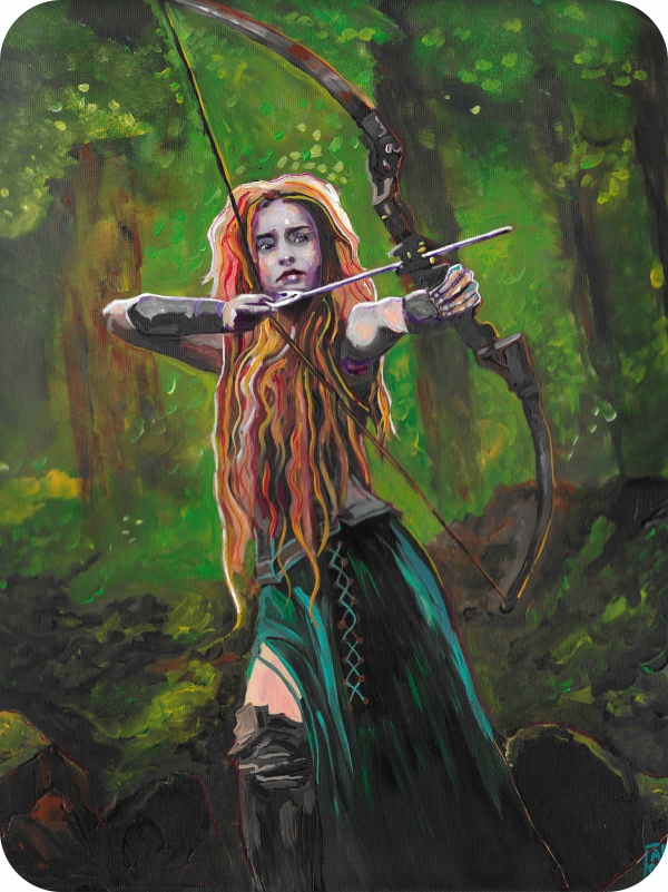 Paintings of a woman archery in a forest.