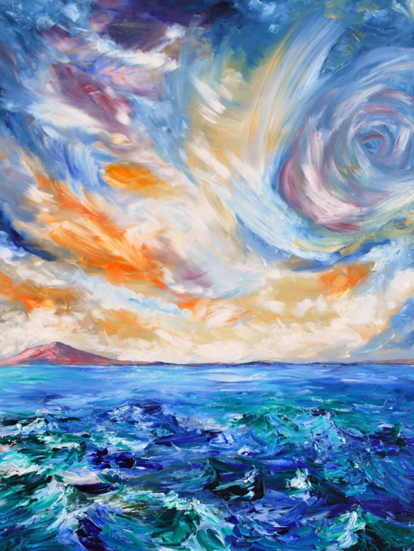 Paintings of an expressionistic Arran with dramatic sky and roaring ocean
