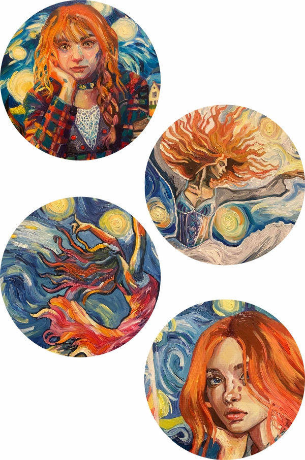 Close up views of parts of all four paintings in the series